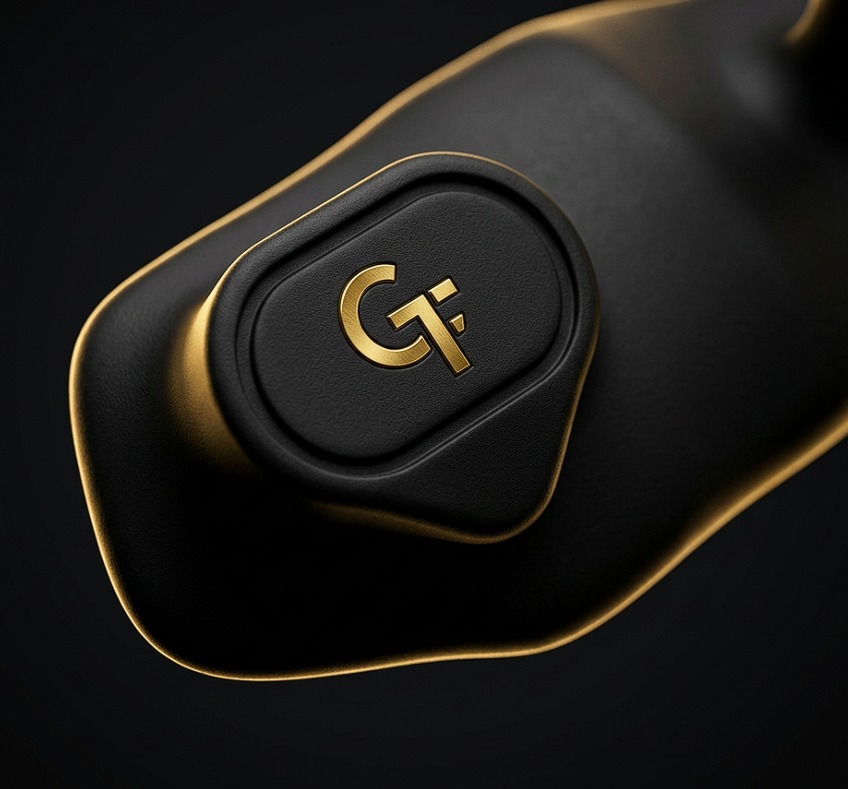 Detalle del logo dorado GF en la callera Golden Fitness de silicona negra
